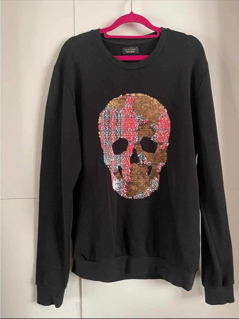 Zara Men Black Crewneck Sweater with Gold and Red Sequin Skull
